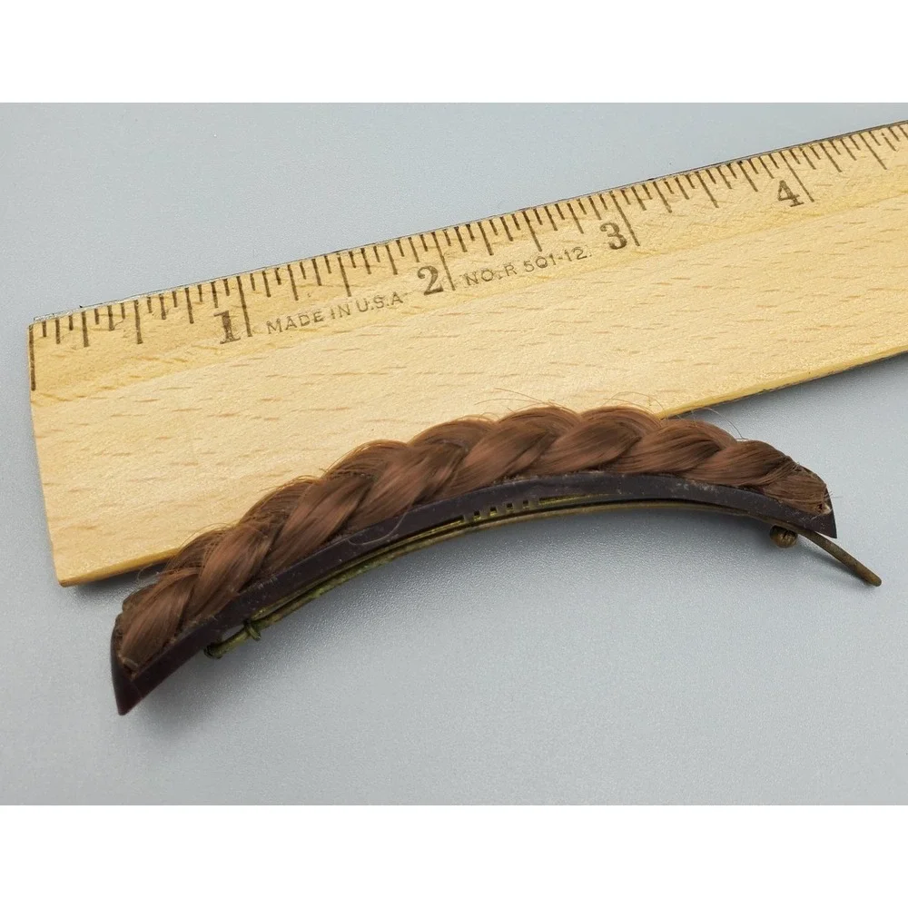 Vintage Metal & Celluloid Faux Hair Braid Barrette 3.5‎ in long Brunette Brown